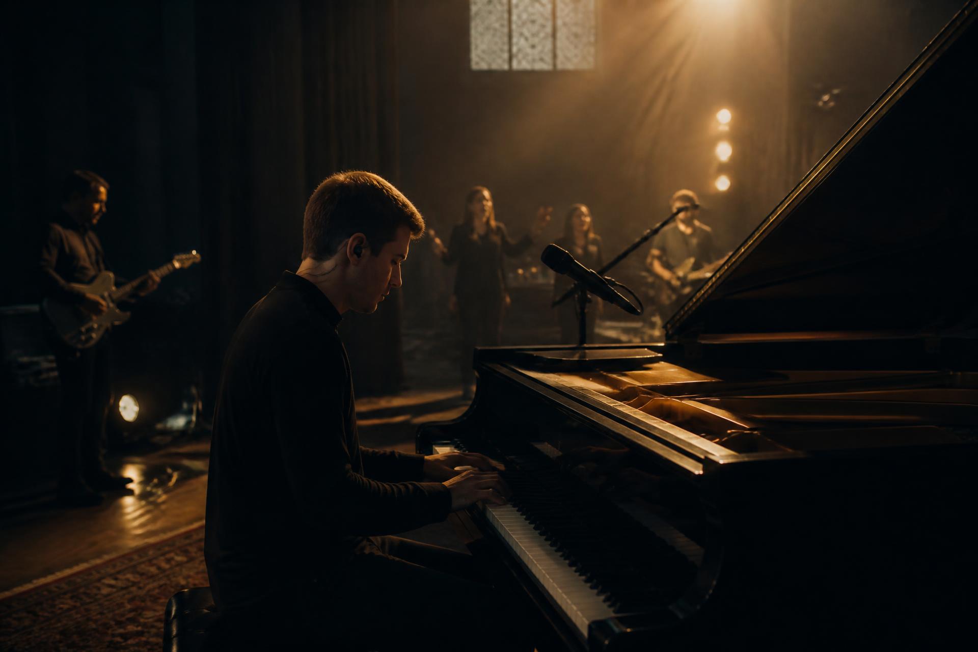 Worship musicians rehearsing under warm stage light
